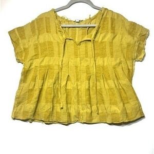 Umgee USA Mustard Yellow Textured Gauze Babydoll Top Frayed Boho Blouse Large